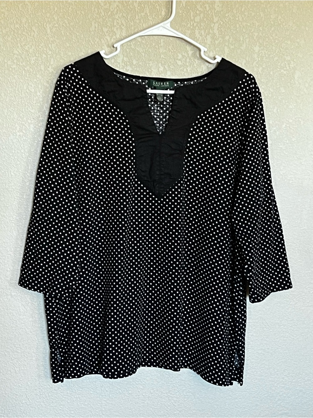 Lauren Ralph Lauren Black Tunic, White Dot Print and Solid V-Yoke 3/4 sleeve 3XL
